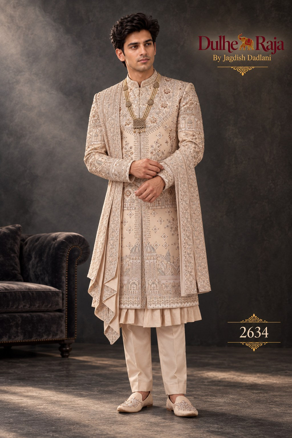 Blush cascade wedding sherwani side view - design 2634-RG