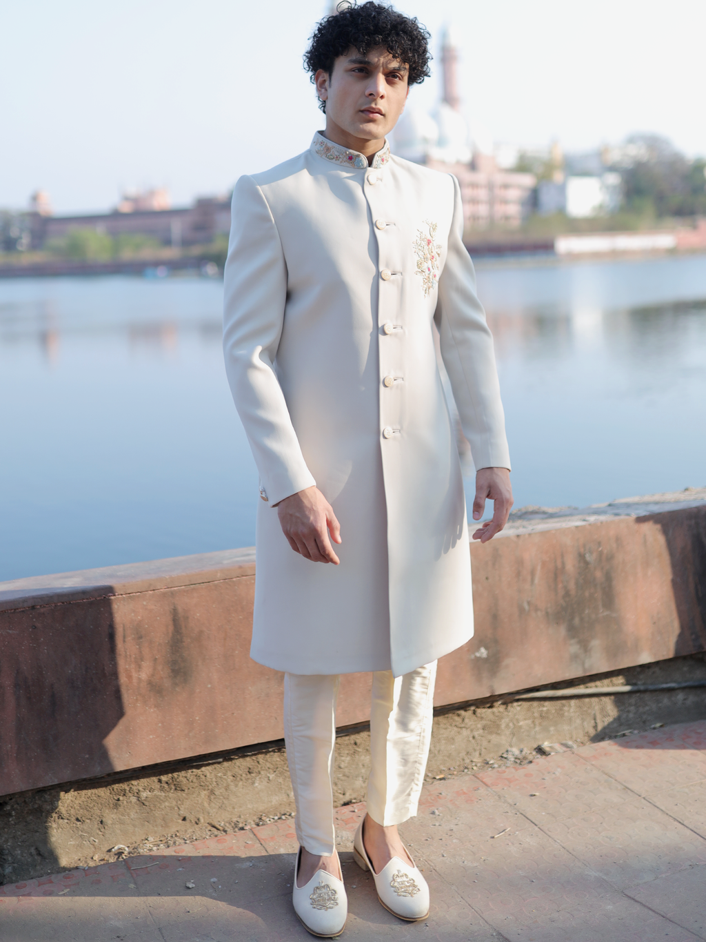 Ivory Royal Silk Sherwani with Gold Collar Embroidery
