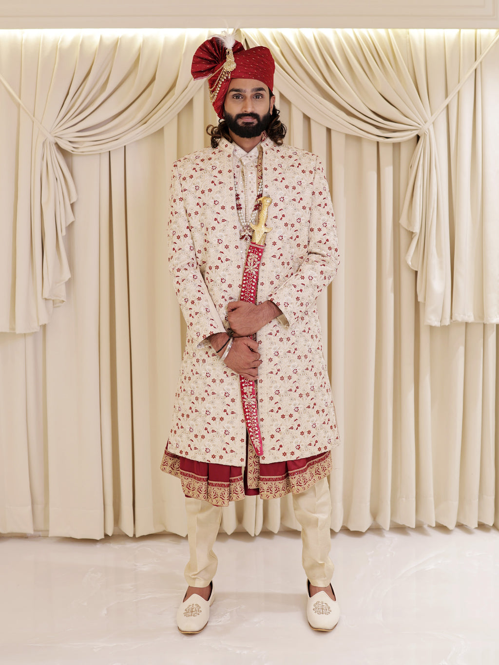 Vivek Floral Off White Sherwani with Dupatta