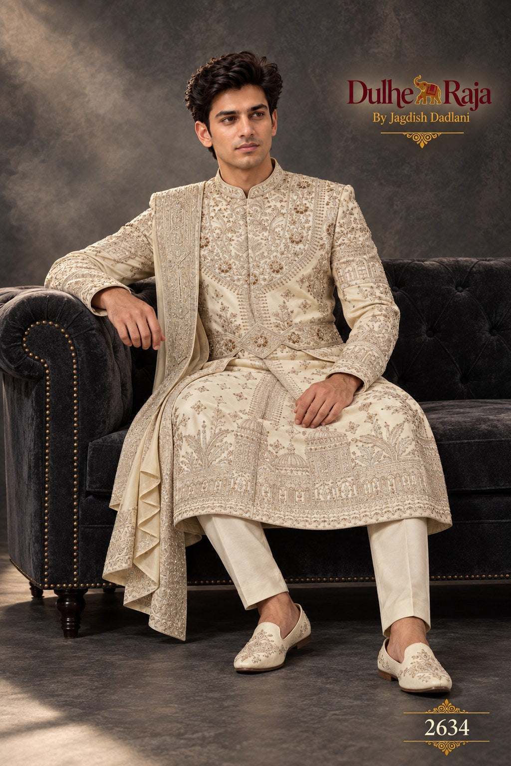Silver beige draped wedding sherwani detail - design 2634-SILVER