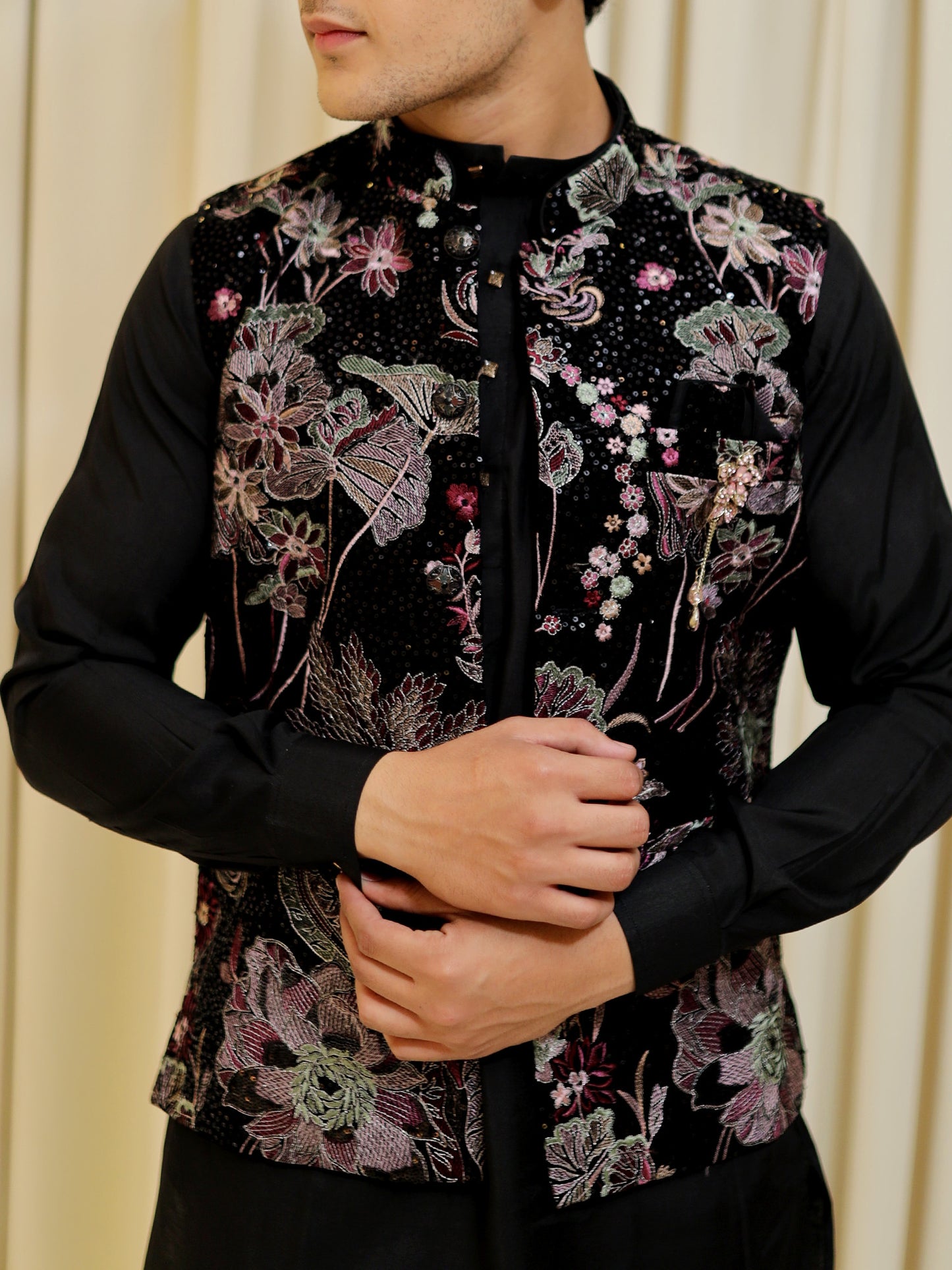 Midnight Bloom Fusion Kurta Set with Jacket