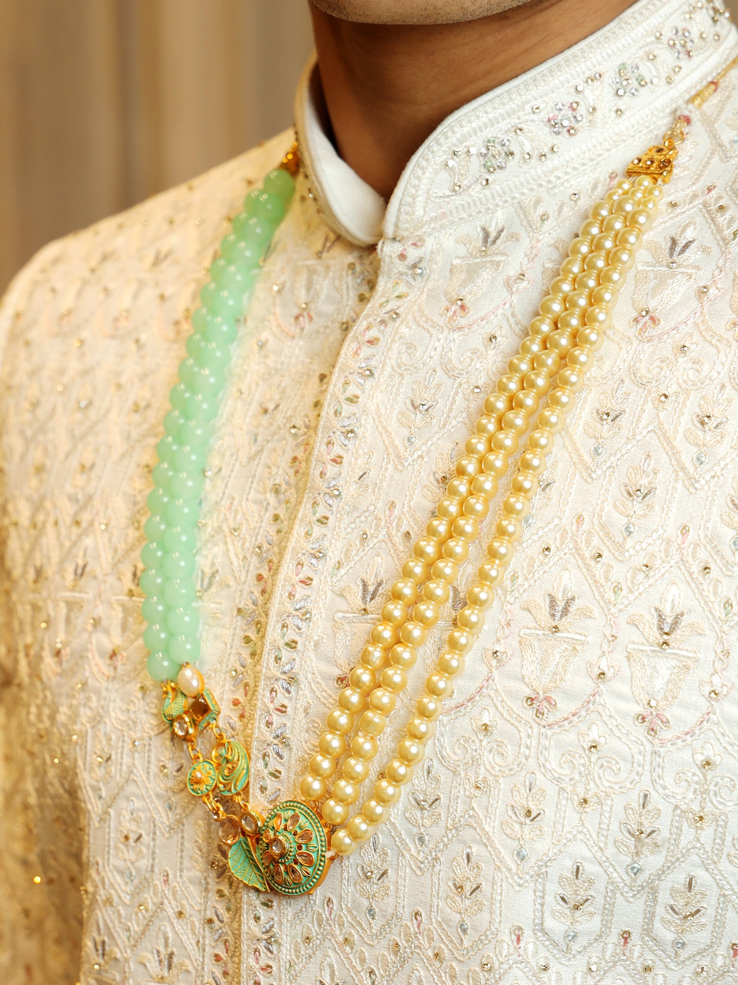 Sea Mist Jade Mala with Golden Pearl Streams