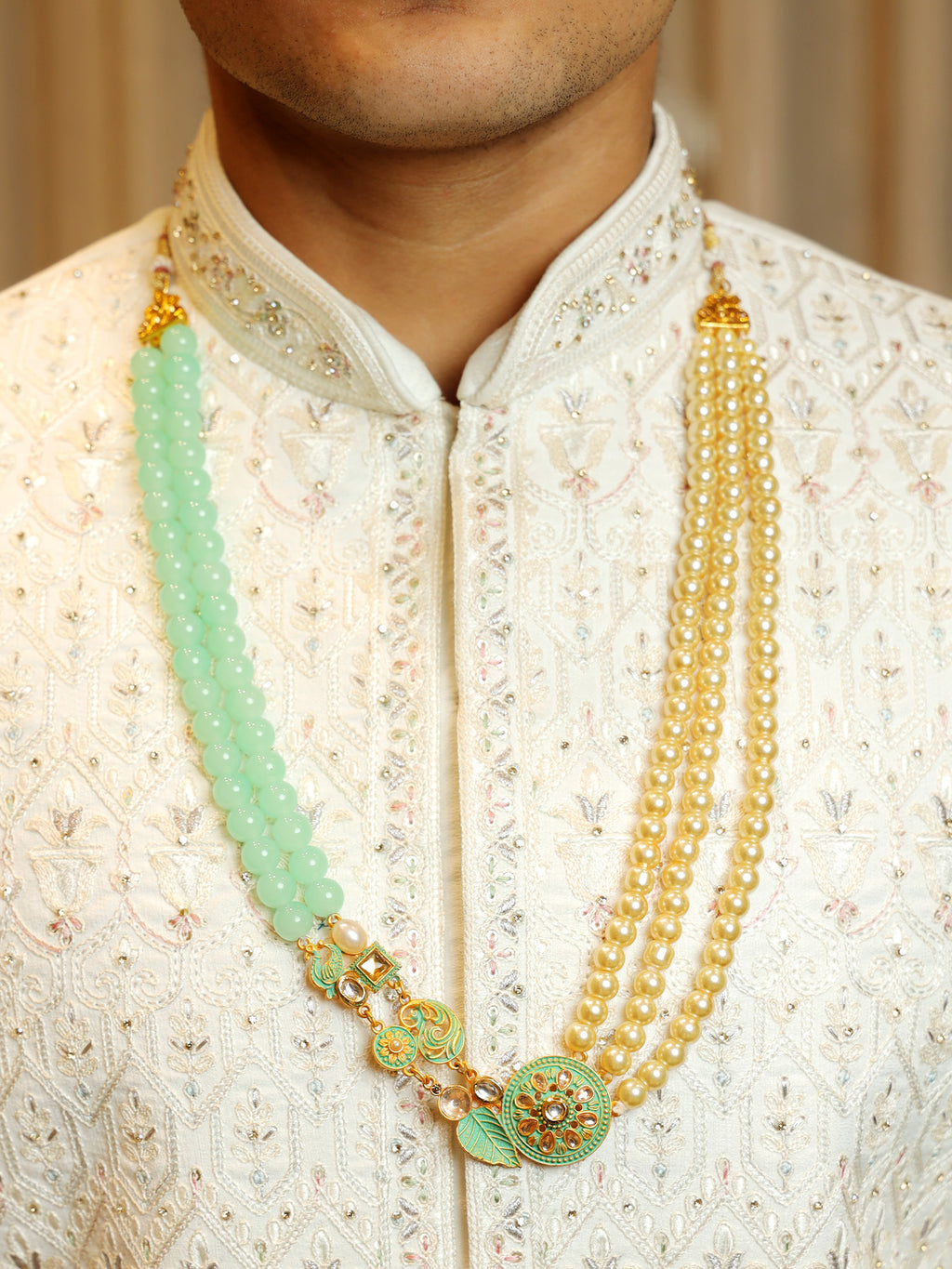 Sea Mist Jade Mala with Golden Pearl Streams