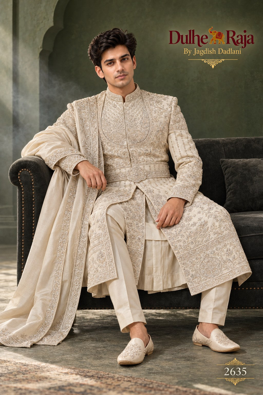 Beige sherwani with dupatta detail - design 2635-ANMOL