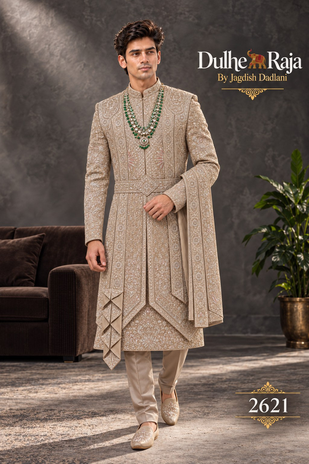 Taupe belted wedding sherwani side view - design 2621-KP