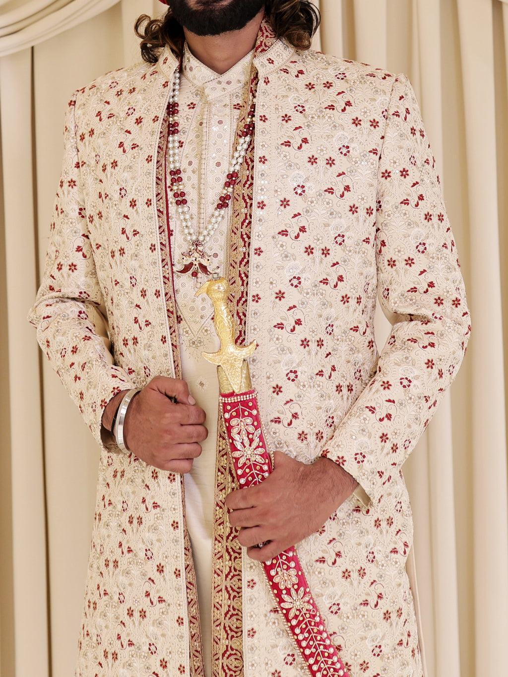 Vivek Floral Off White Sherwani with Dupatta