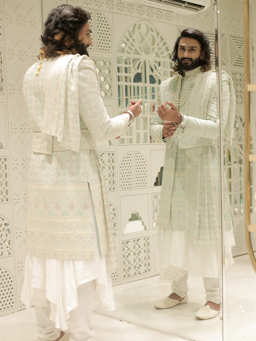 Aadhik Off Blue Sherwani with Dupatta
