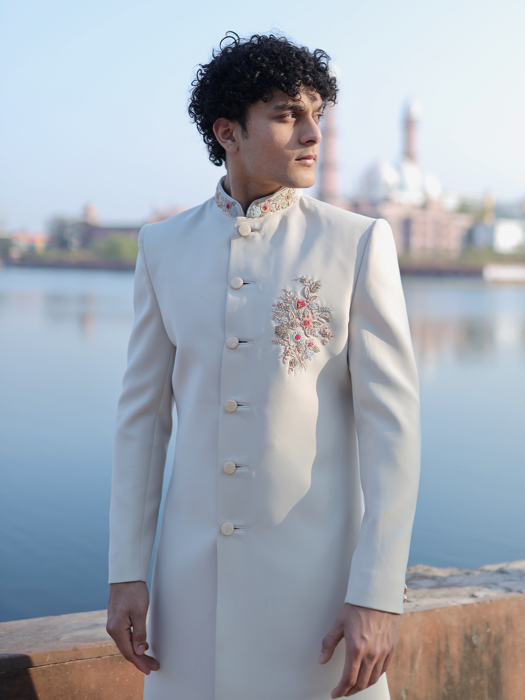Ivory Royal Silk Sherwani with Gold Collar Embroidery