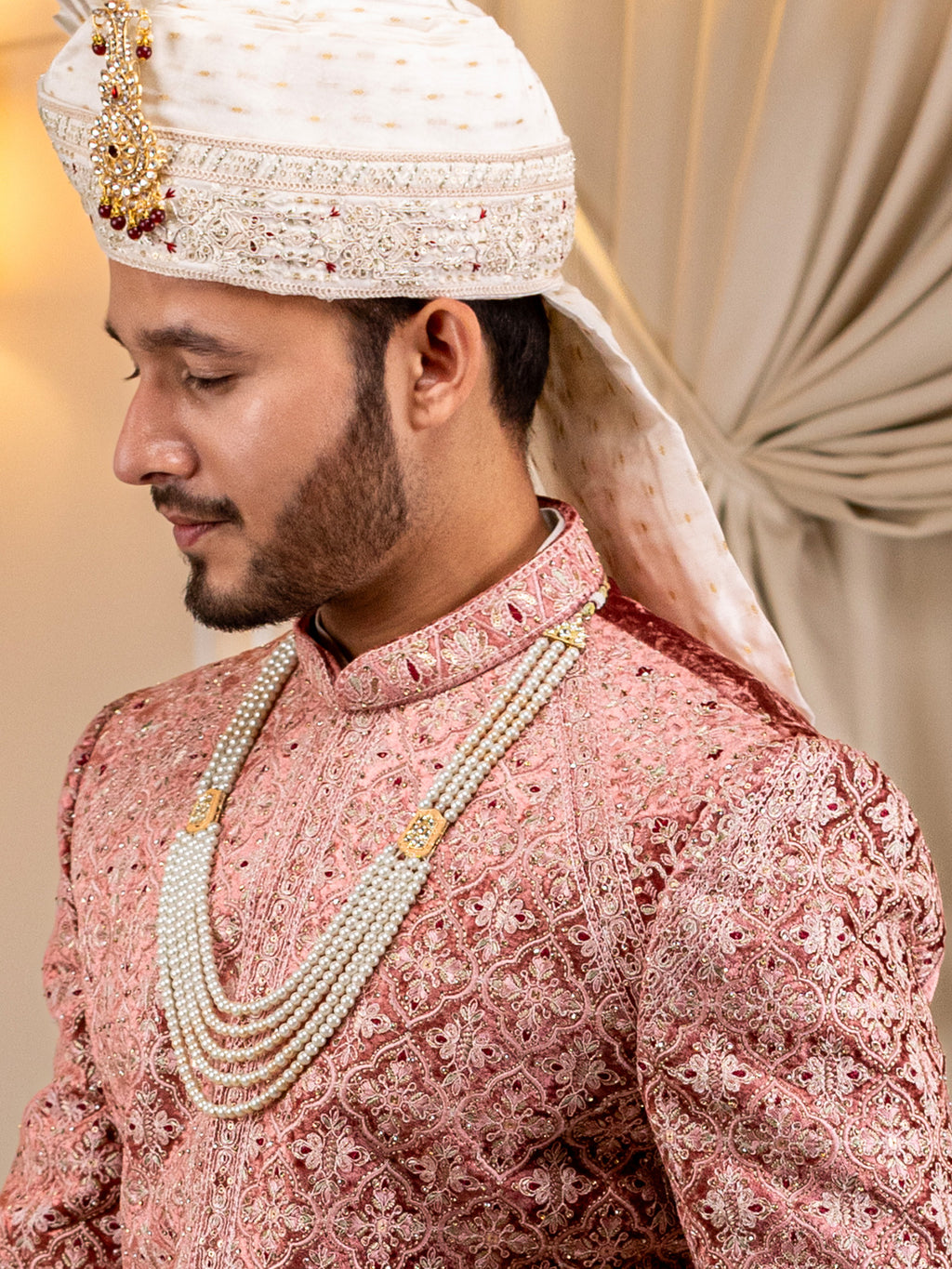 Opulent Cream and Gold Cascade Pearl Mala
