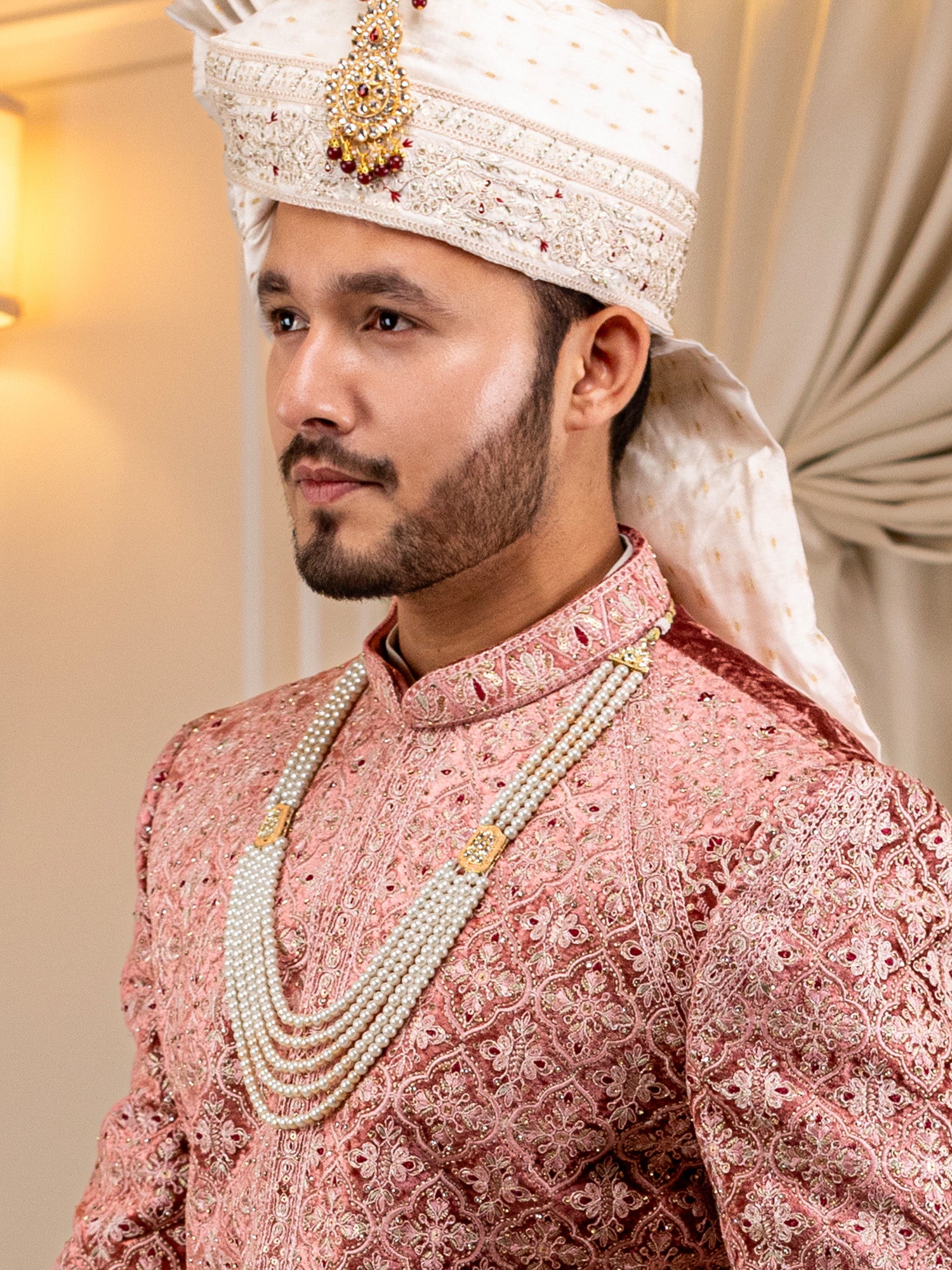 Opulent Cream and Gold Cascade Pearl Mala