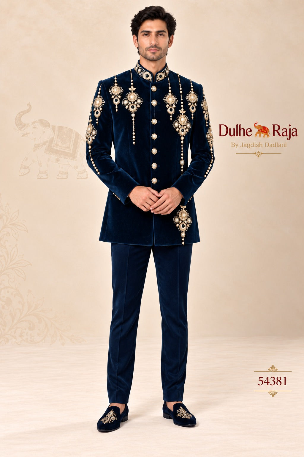 Dulhe Raja midnight blue velvet jodhpuri bandhgala with kundan drop work, design 54381
