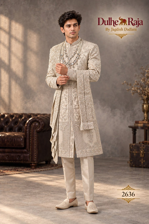 Beige draped wedding sherwani side view - design 2636-ANMOL