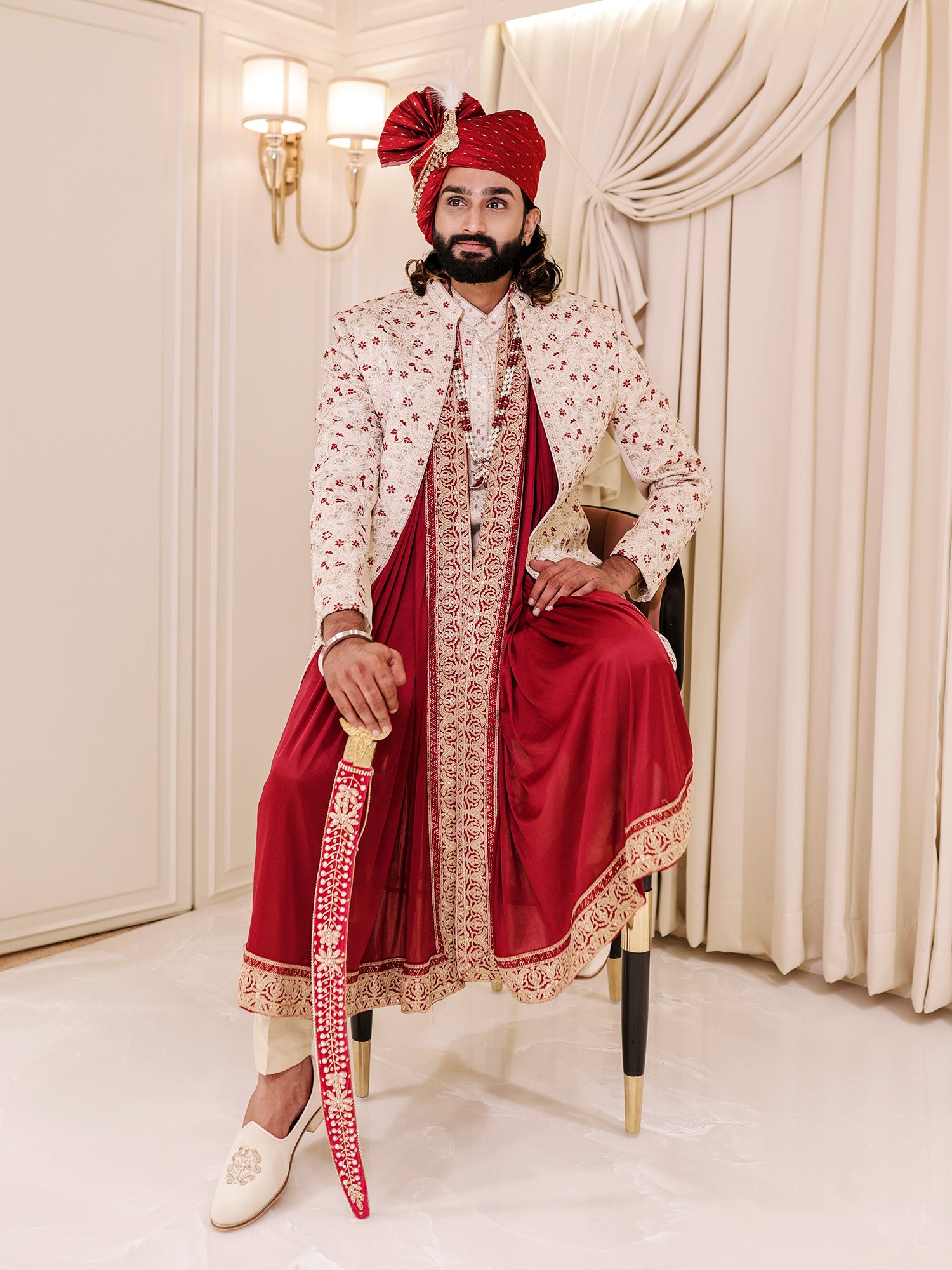 Vivek Floral Off White Sherwani with Dupatta
