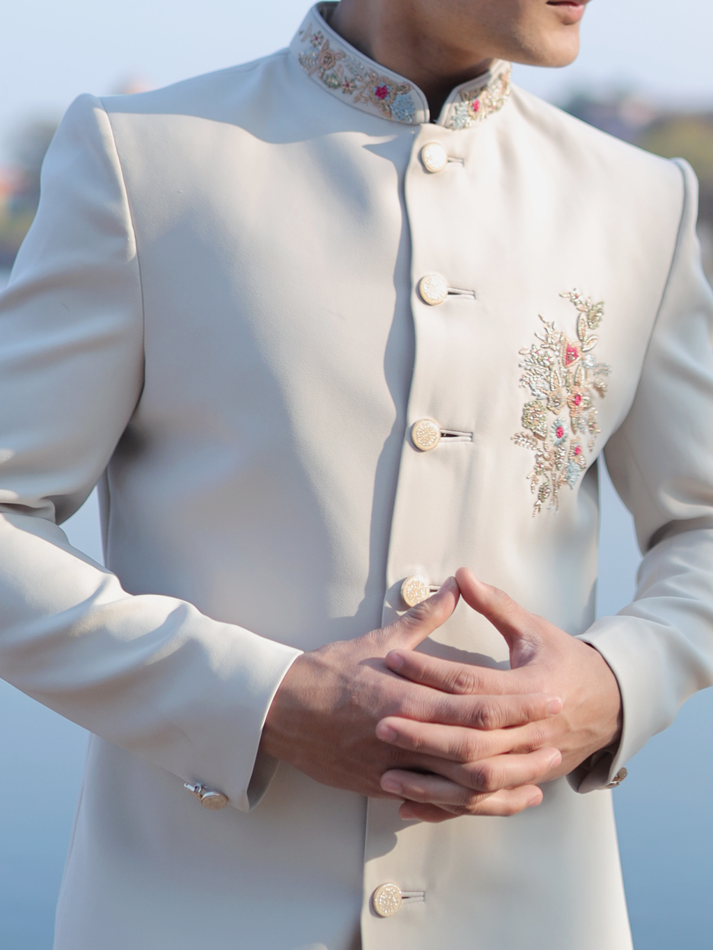 Ivory Royal Silk Sherwani with Gold Collar Embroidery