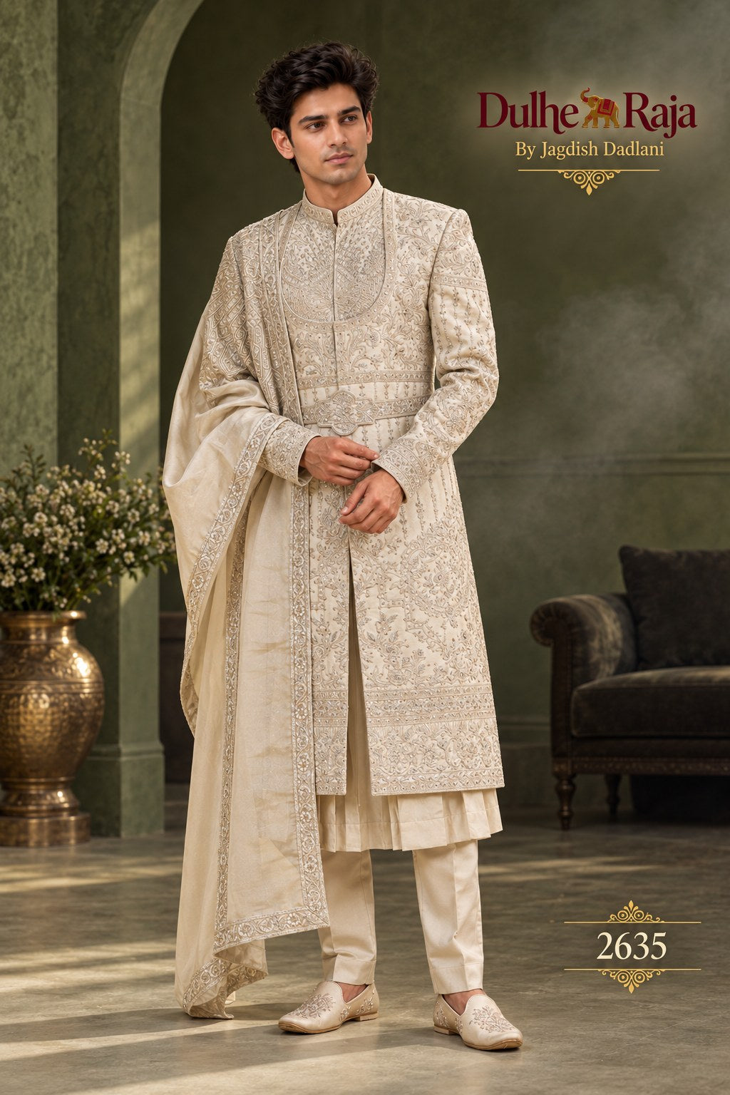Beige sherwani with dupatta side view - design 2635-ANMOL