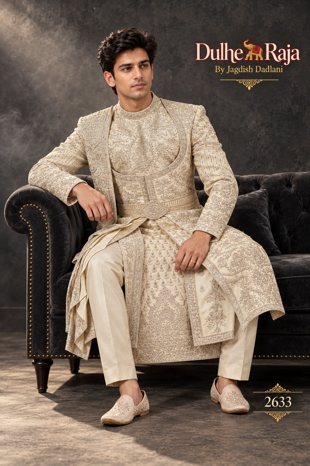 Silver ivory layered wedding sherwani detail - design 2633-SILVER