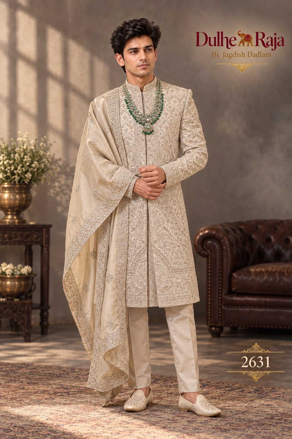 Beige sherwani with dupatta side view - design 2631-ANMOL