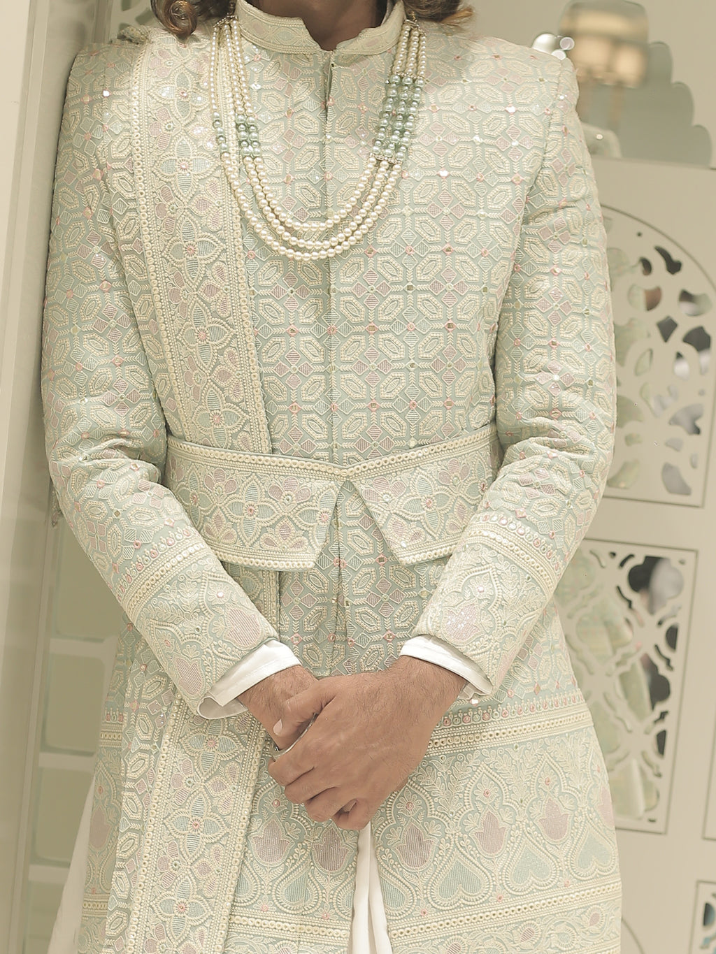 Aadhik Off Blue Sherwani with Dupatta