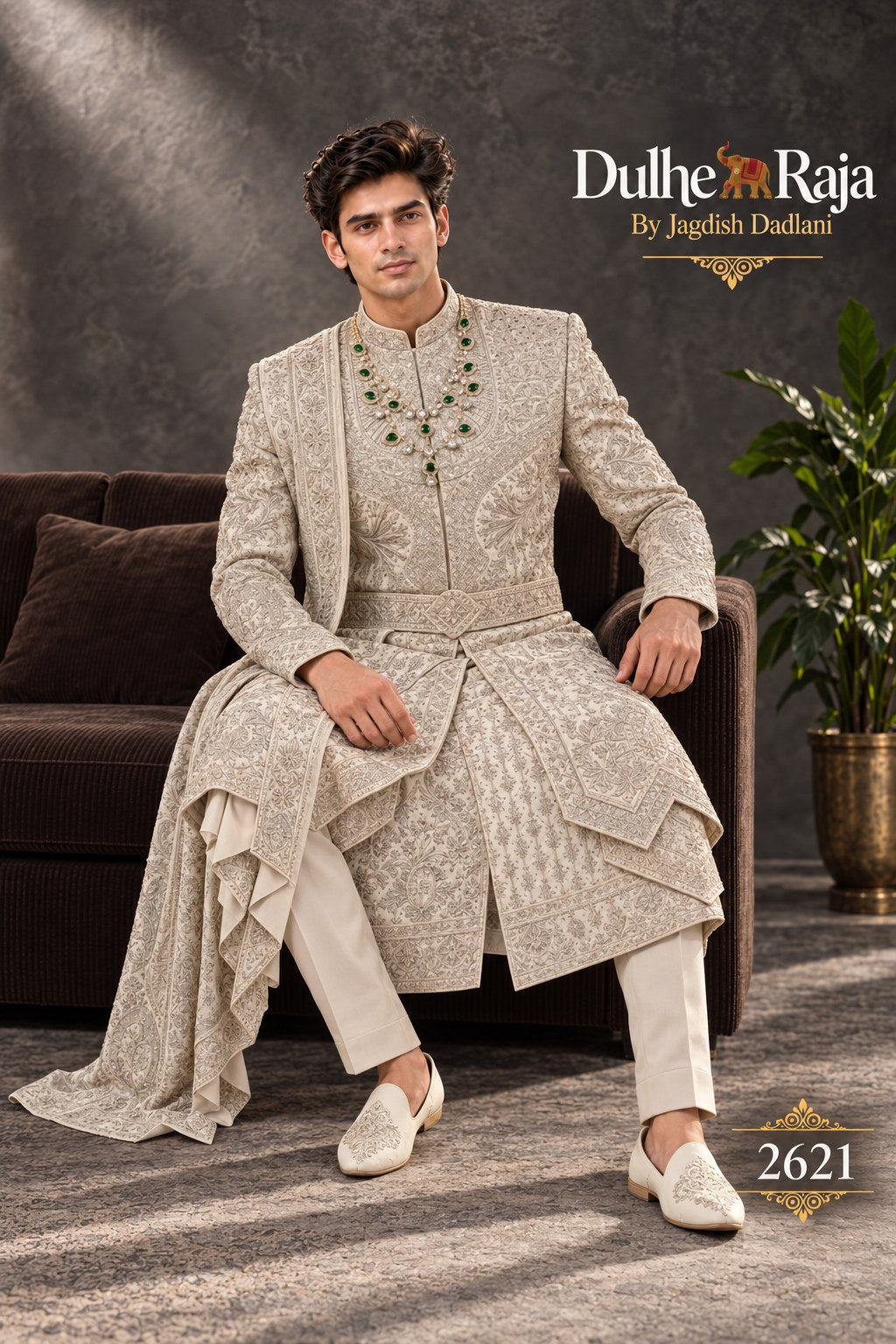 Pista belted wedding sherwani detail - design 2621-PISTA