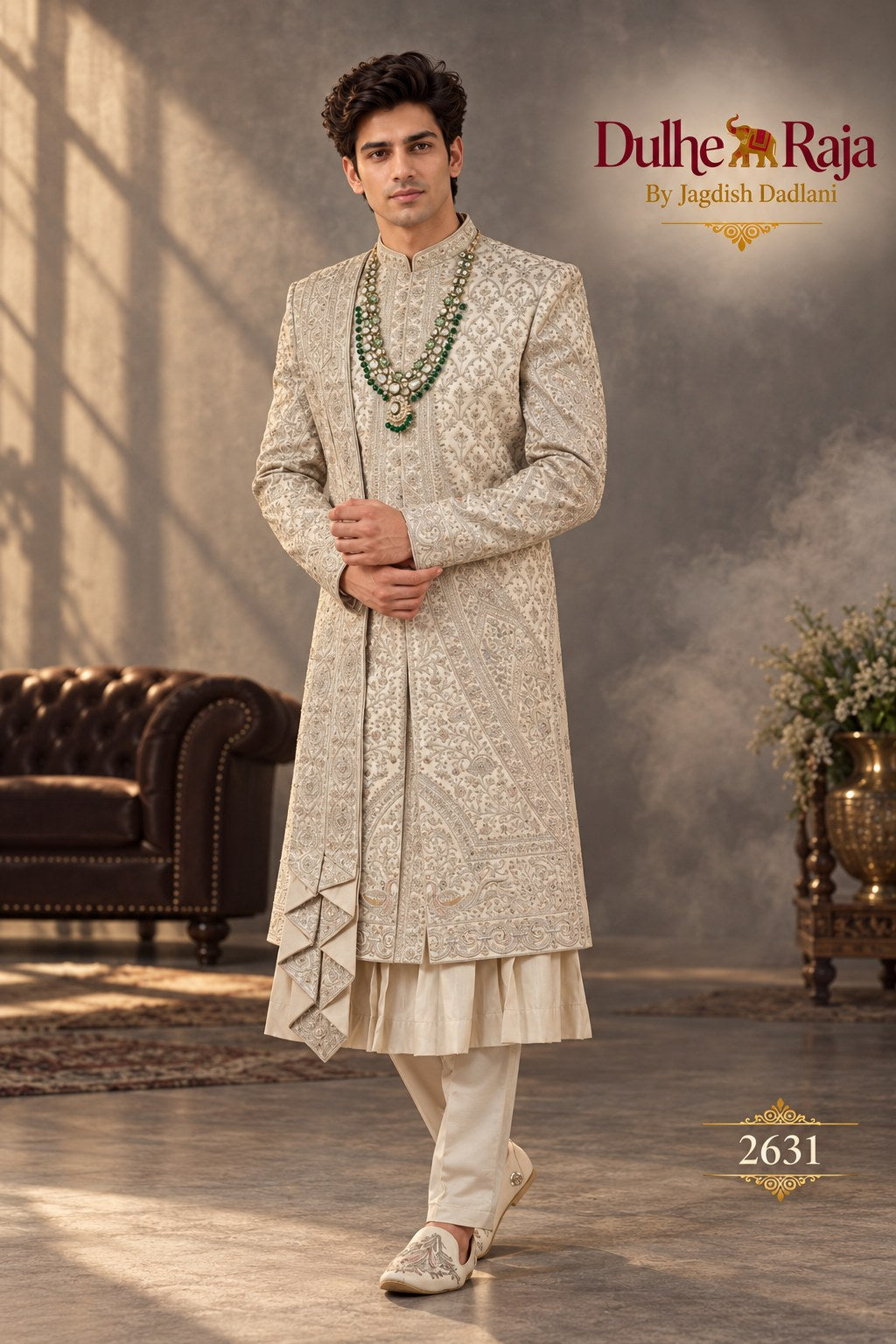 Pista belted drape wedding sherwani - Dulhe Raja Bhopal design 2631-PISTA