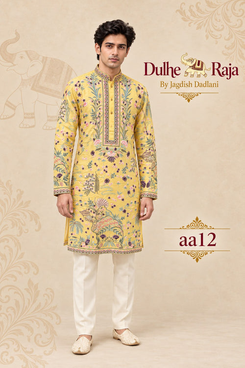 Yellow printed festive kurta set - Dulhe Raja Bhopal design aa12