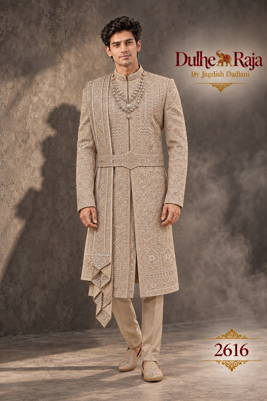 Beige draped wedding sherwani - Dulhe Raja Bhopal design 2616-KP