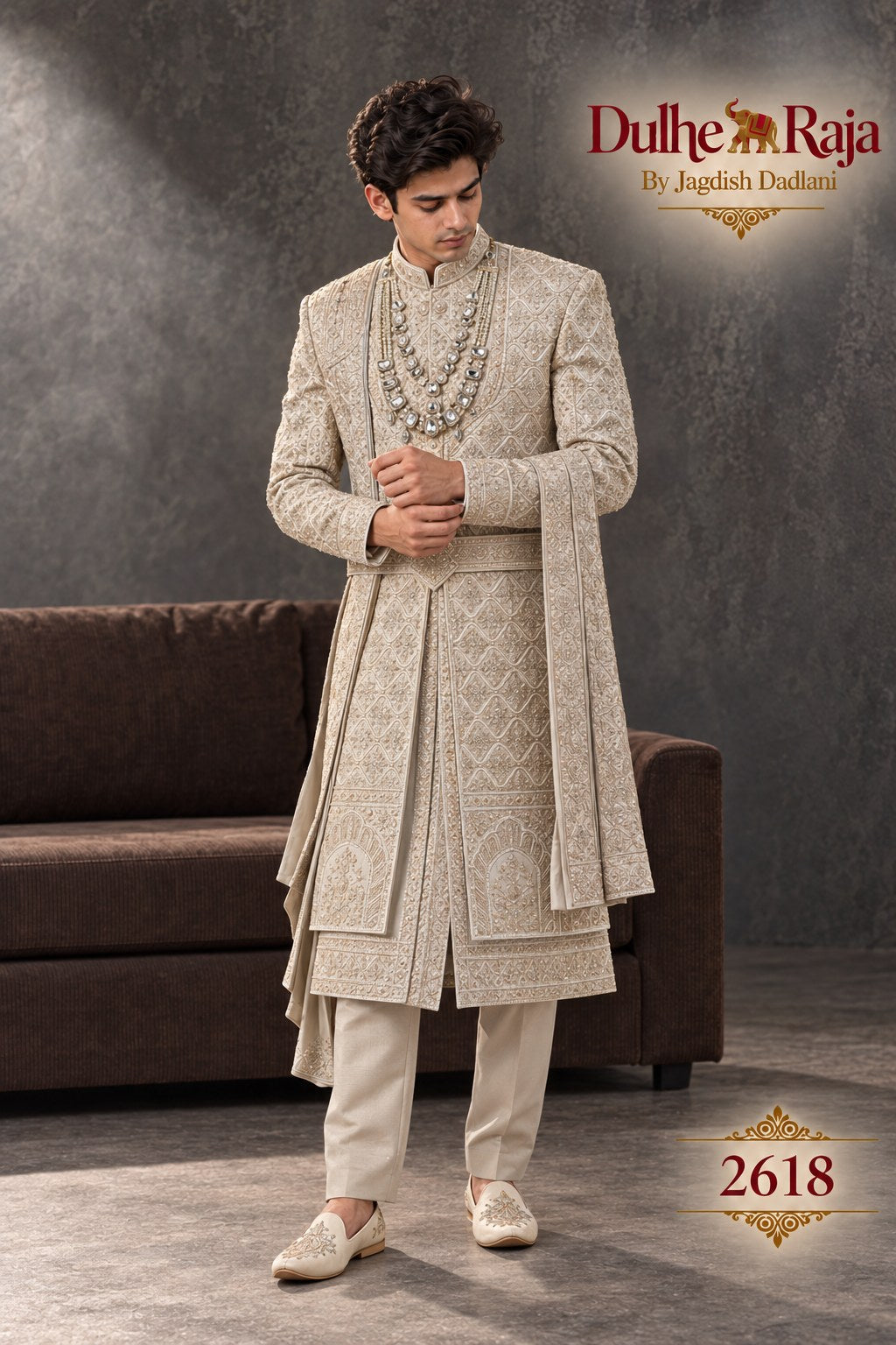 Beige belted wedding sherwani side view - design 2618-ANMOL