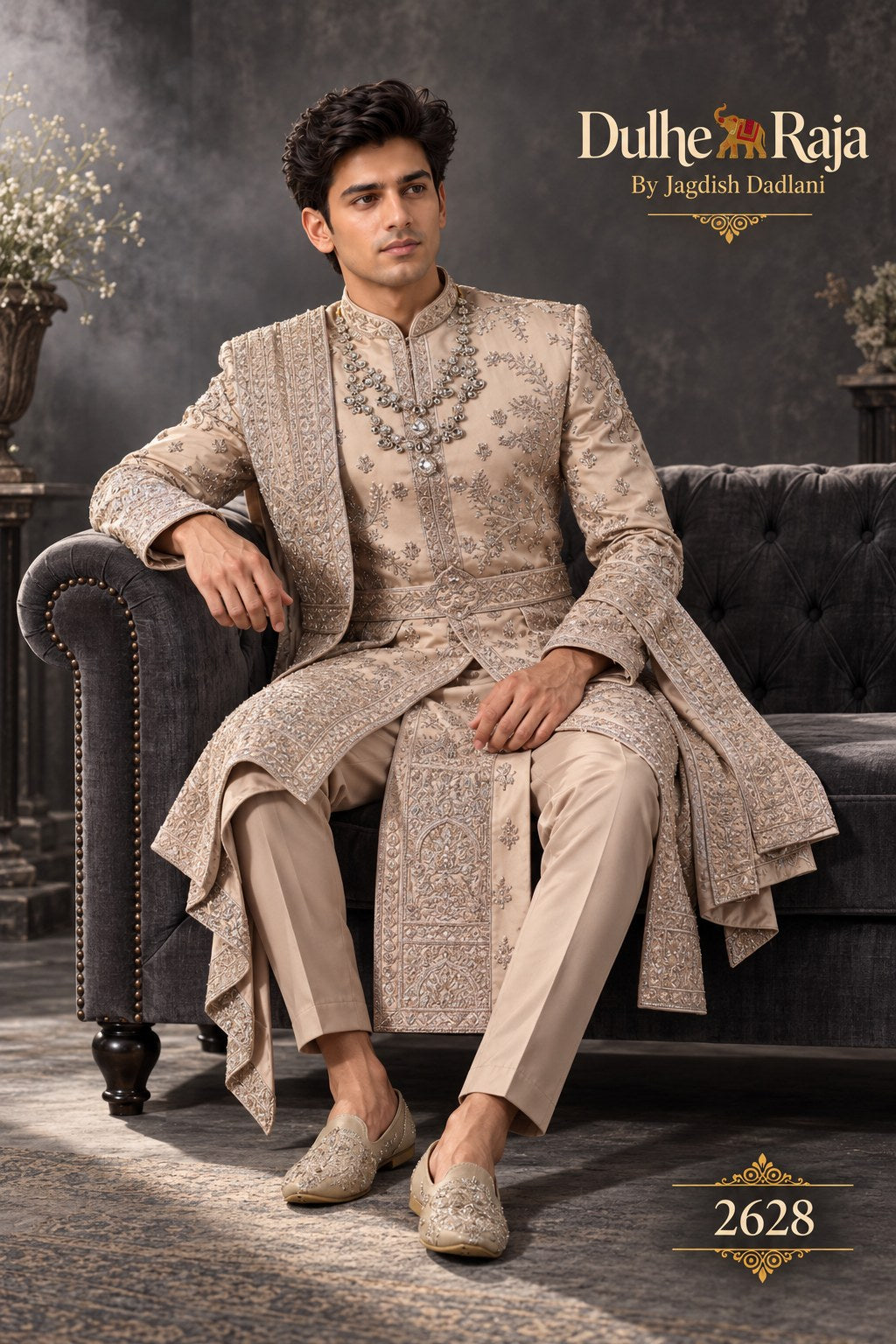 Rust draped wedding sherwani detail - design 2628-RUST