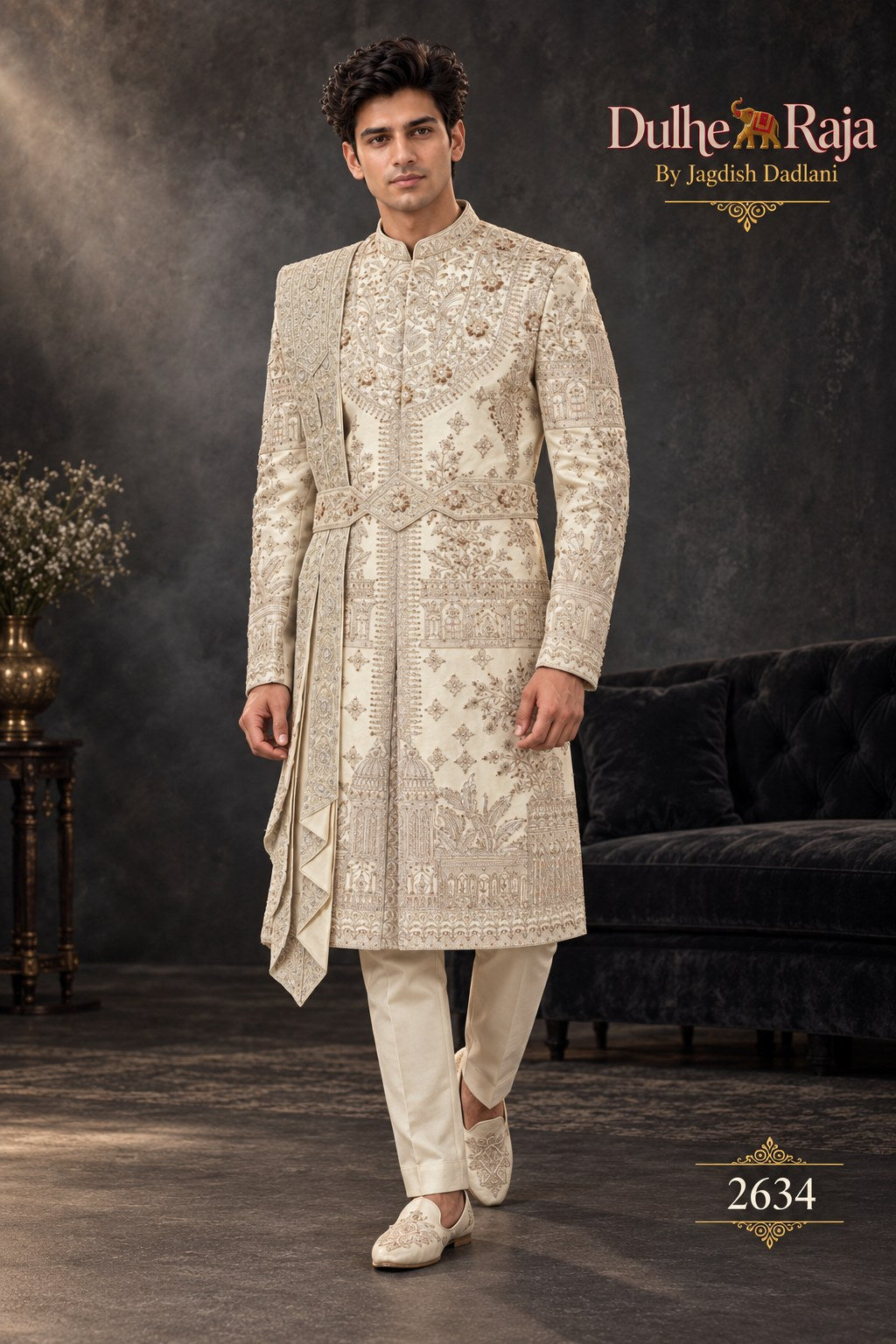 Silver beige draped wedding sherwani - Dulhe Raja Bhopal design 2634-SILVER