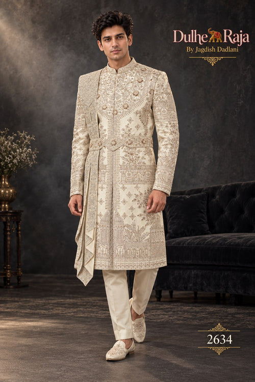 Silver beige draped wedding sherwani - Dulhe Raja Bhopal design 2634-SILVER