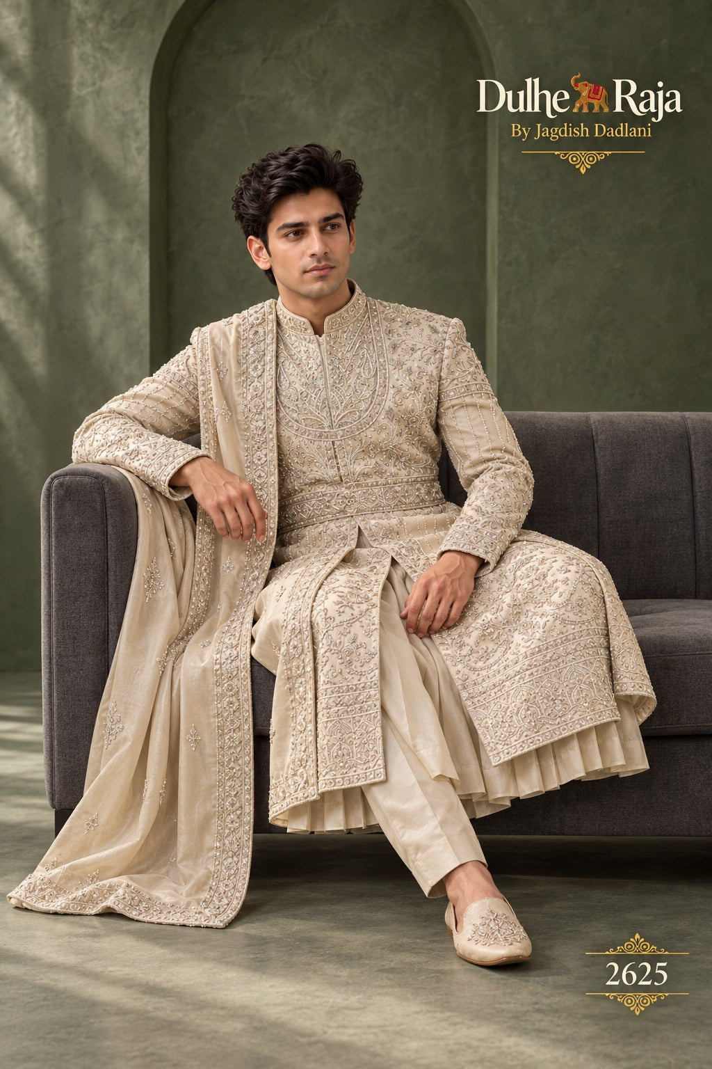 Beige layered kurta sherwani detail - design 2625-ANMOL