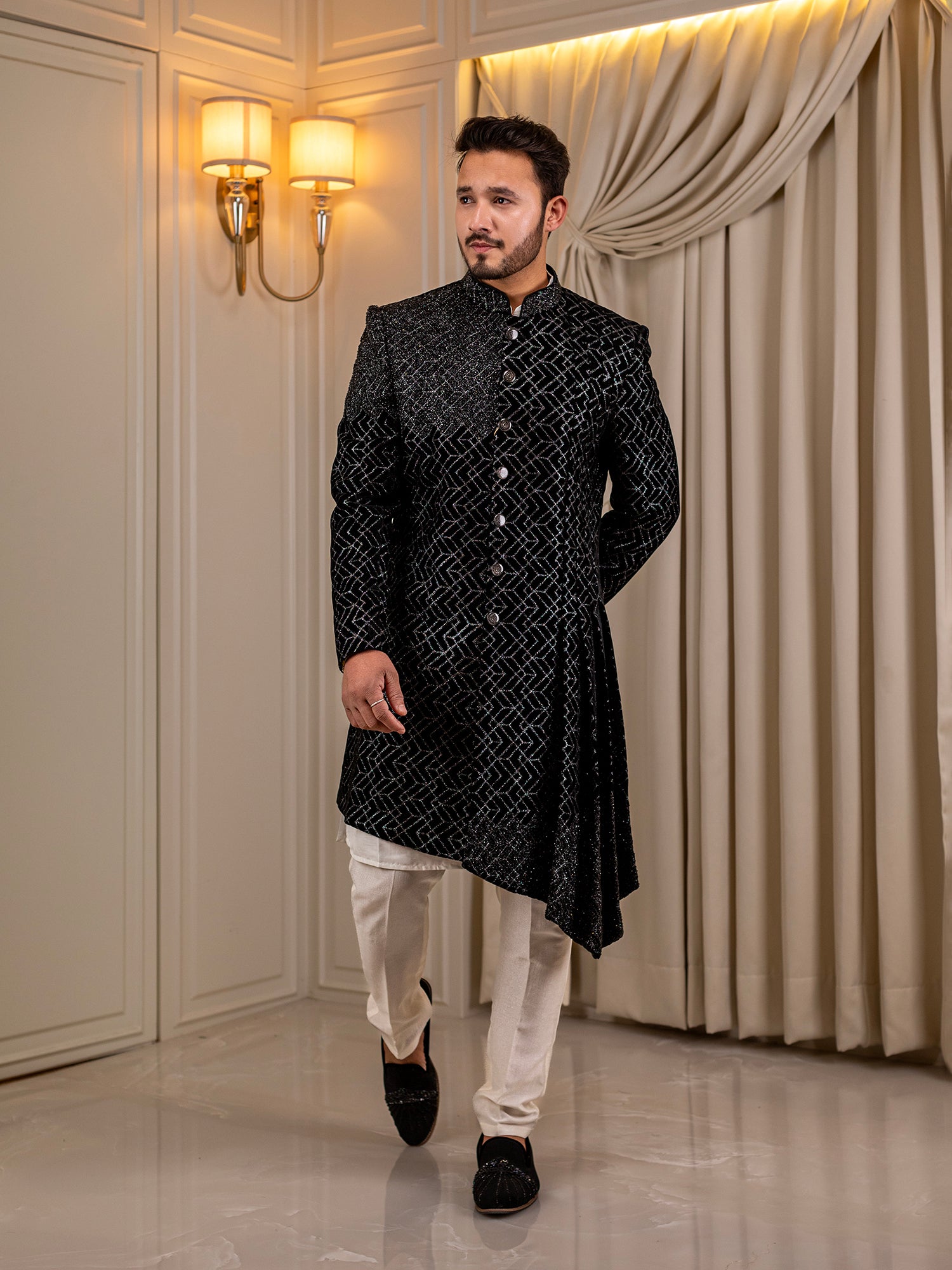 Chetan's Creamy Canvas with Ebony Elegance Kurta Pajama