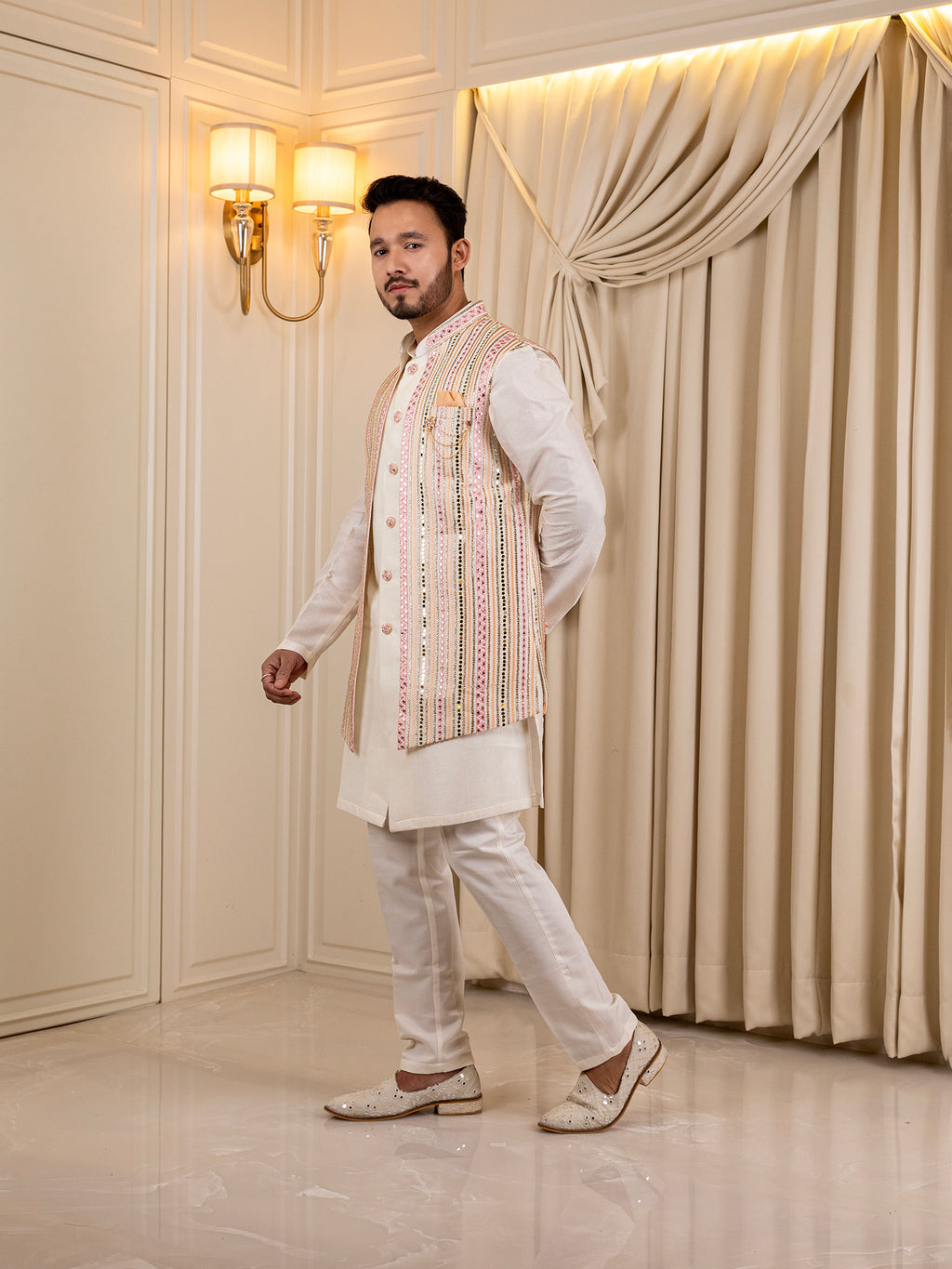 Sahil's Serene White Kurta Pajama with Jacket