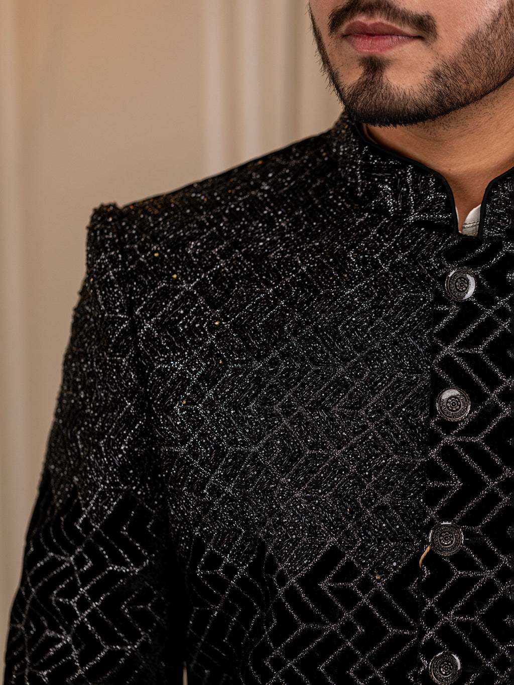 Chetan's Creamy Canvas with Ebony Elegance Kurta Pajama