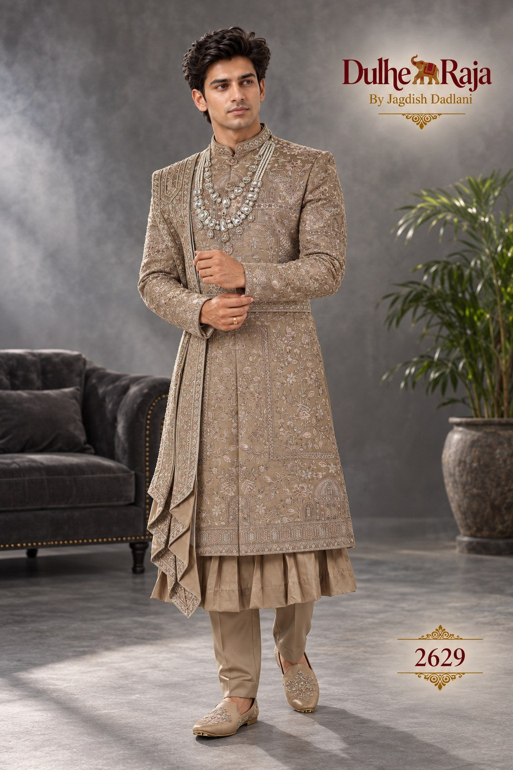 Beige pleated hem wedding sherwani side view - design 2629-KP
