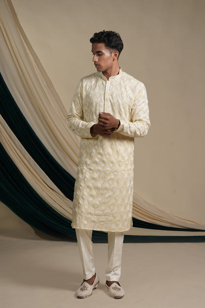 Cream Golden Embroidered Kurta Pajama