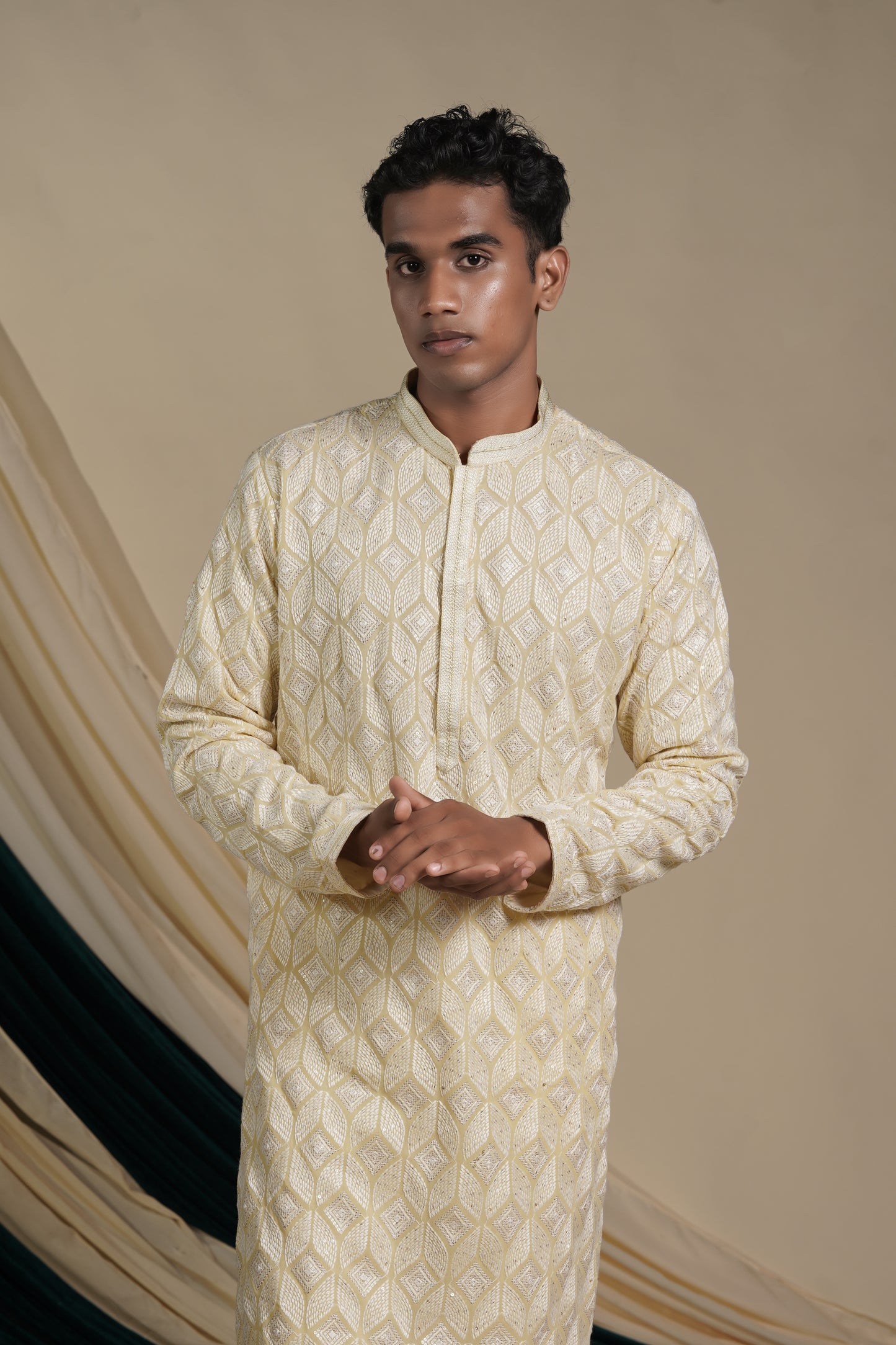 Cream Golden Embroidered Kurta Pajama