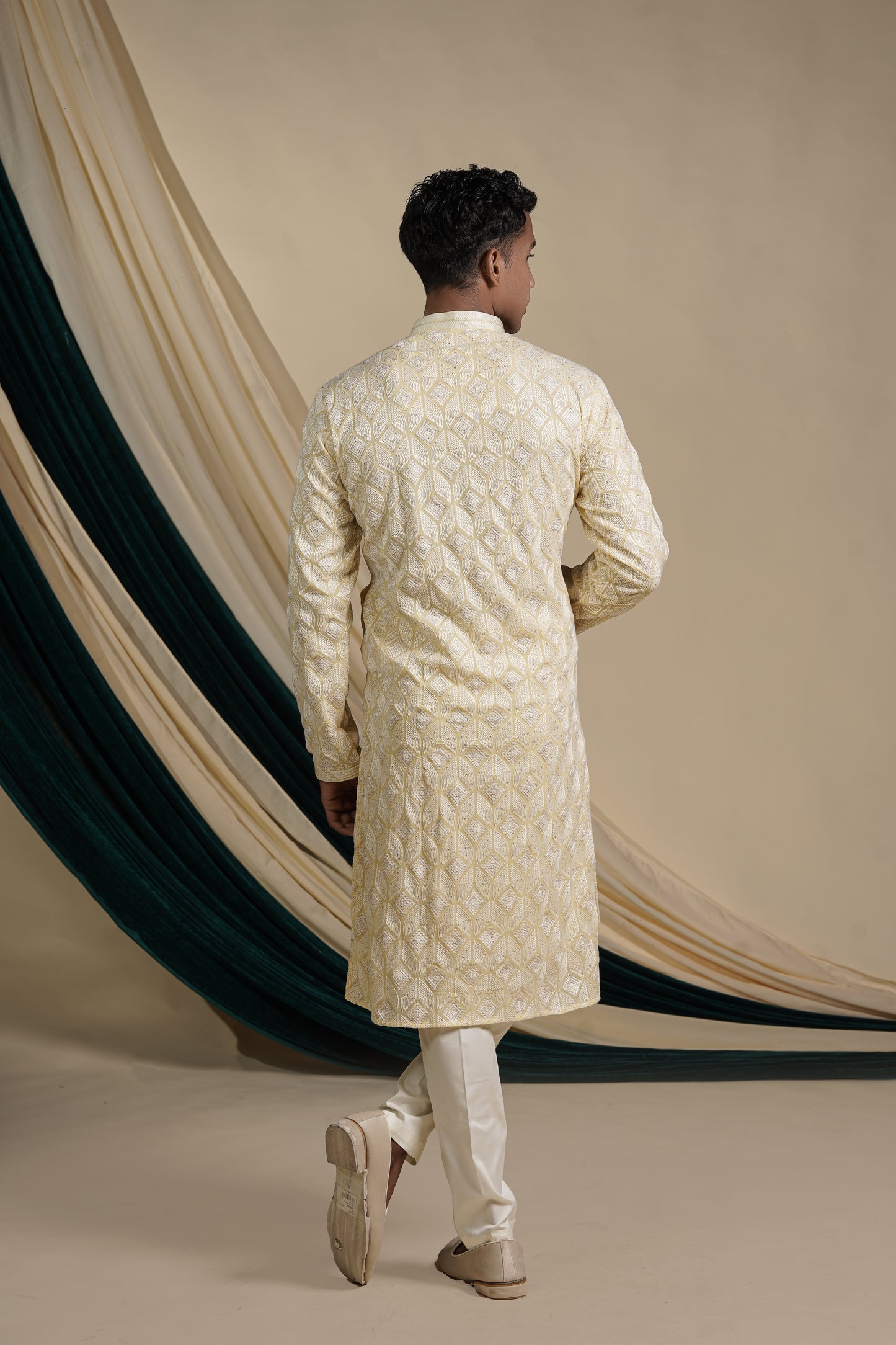 Cream Golden Embroidered Kurta Pajama