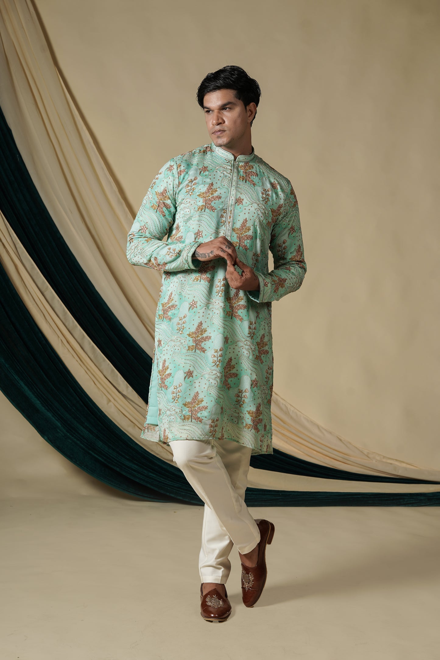 Mint Green Floral Embroidered Kurta Pajama