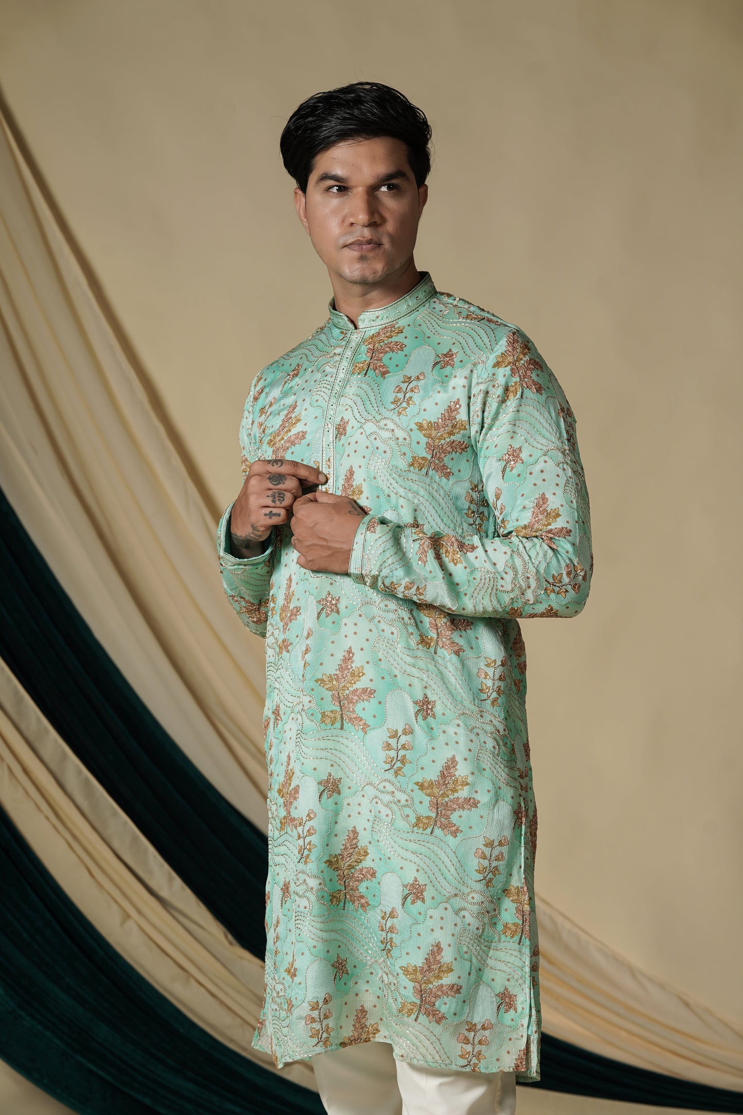 Mint Green Floral Embroidered Kurta Pajama