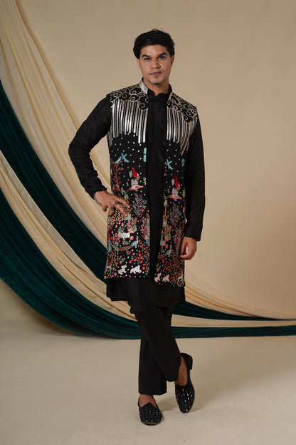 Floral Velvet Charm Kurta Pajama with long Jacket