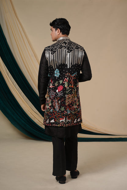 Floral Velvet Charm Kurta Pajama with long Jacket