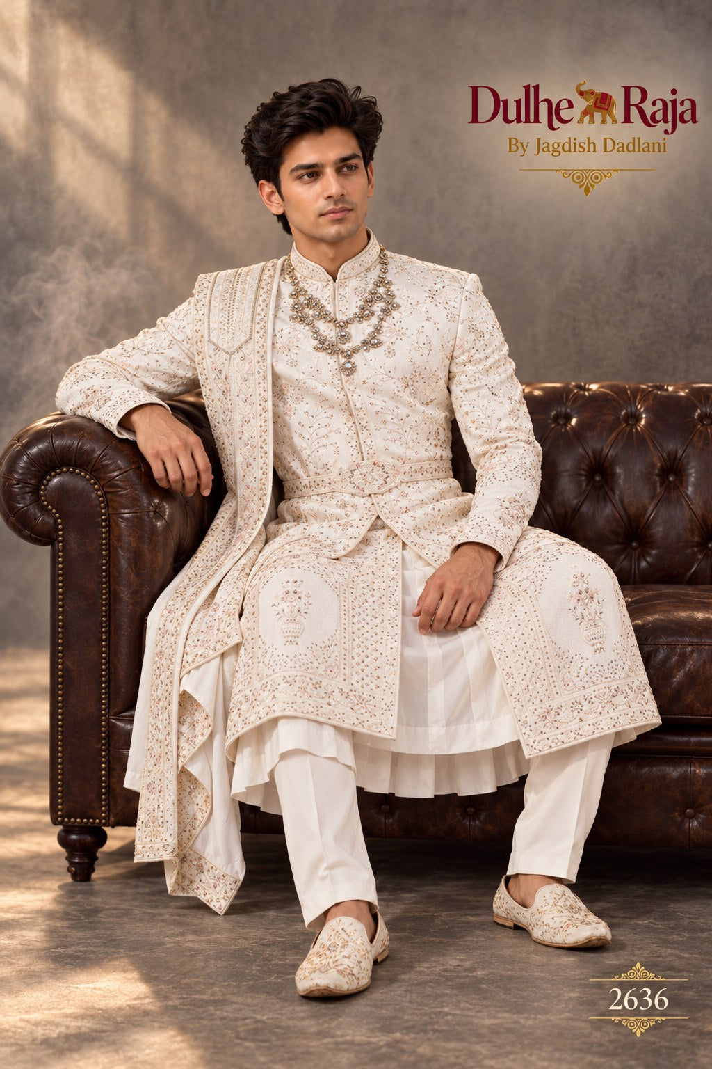 Ivory chikankari wedding sherwani detail - design 2636-S3