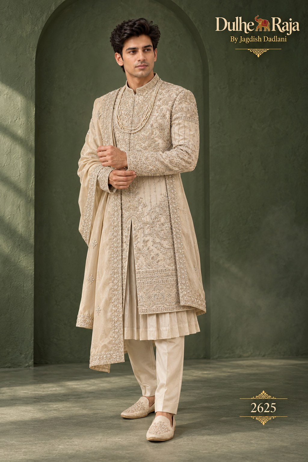Beige layered kurta sherwani side view - design 2625-ANMOL