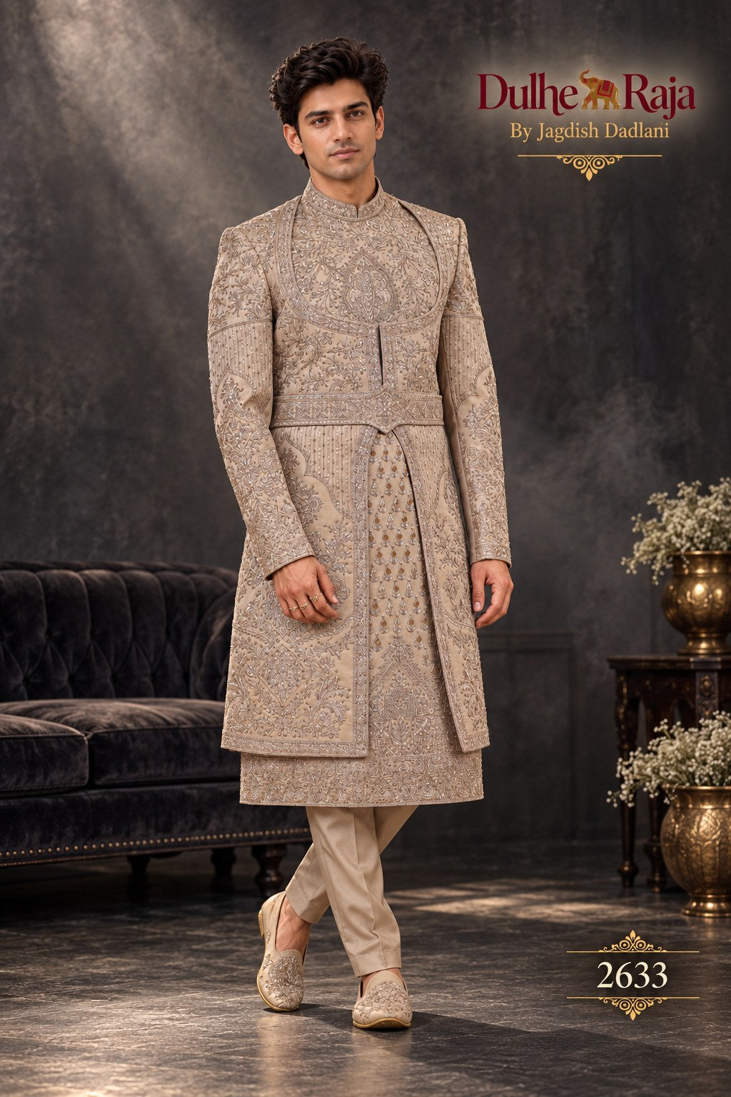 Rust belted wedding sherwani - Dulhe Raja Bhopal design 2633-RUST