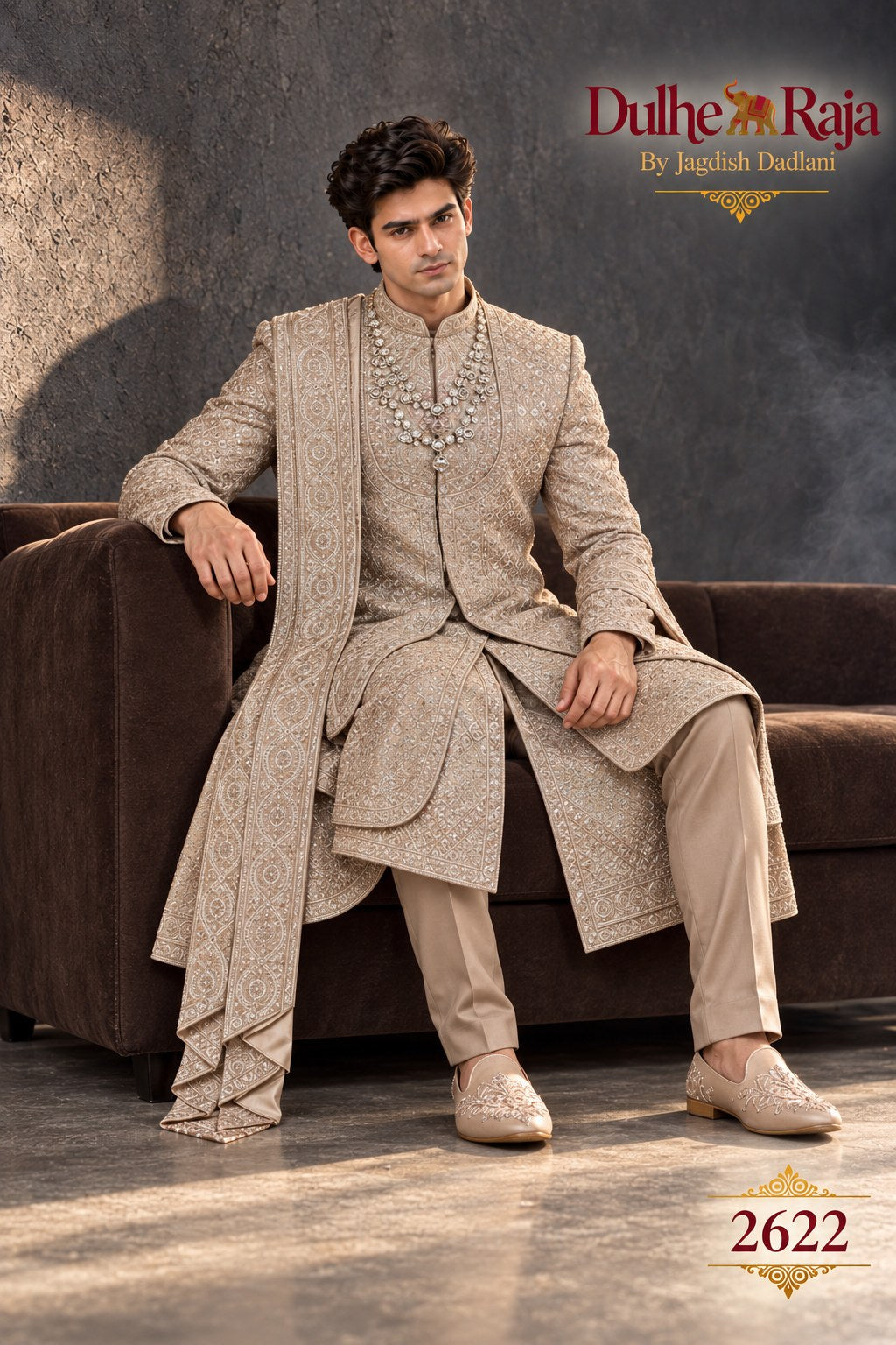Beige draped wedding sherwani detail - design 2622-KP