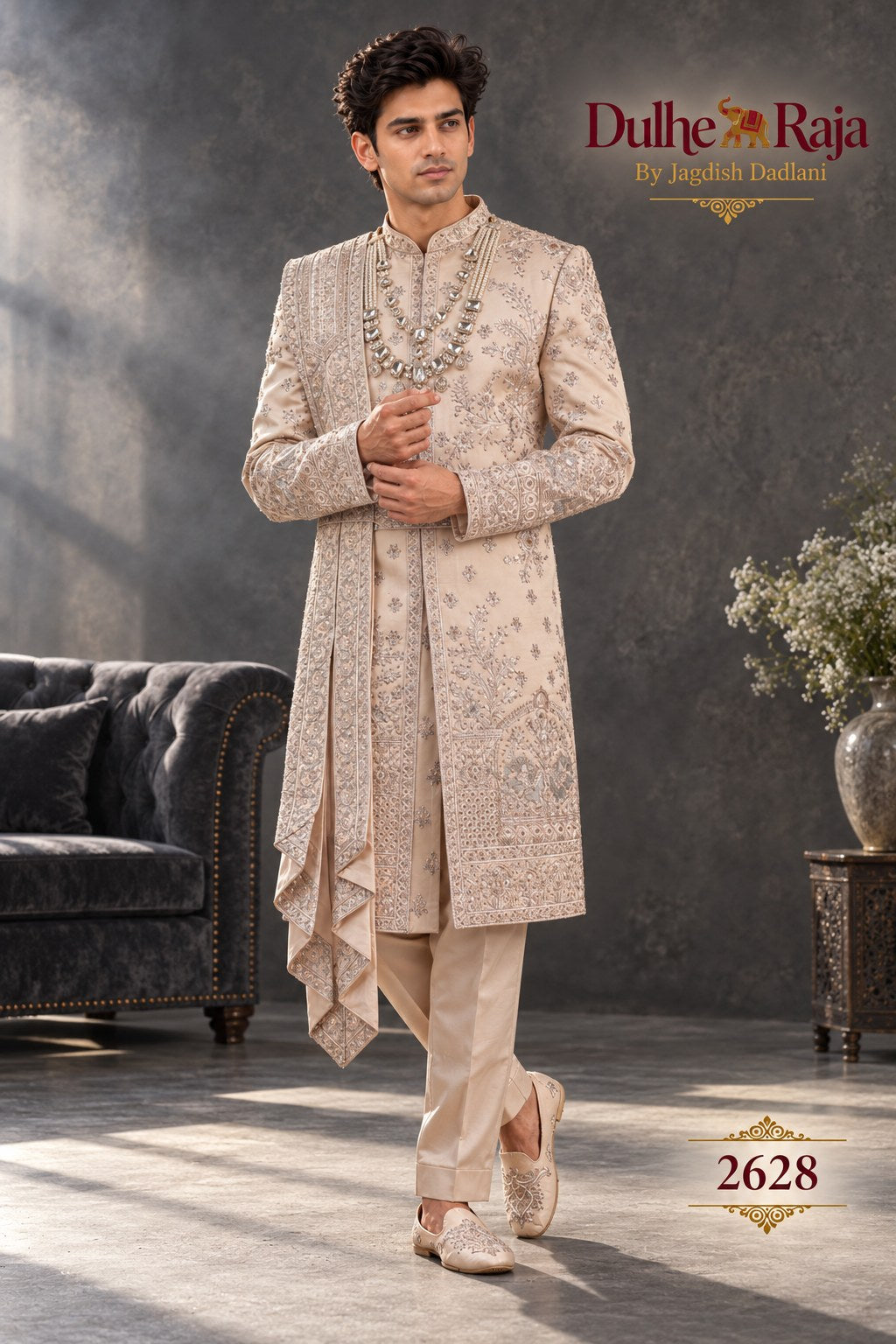 Blush belted wedding sherwani side view - design 2628-RG