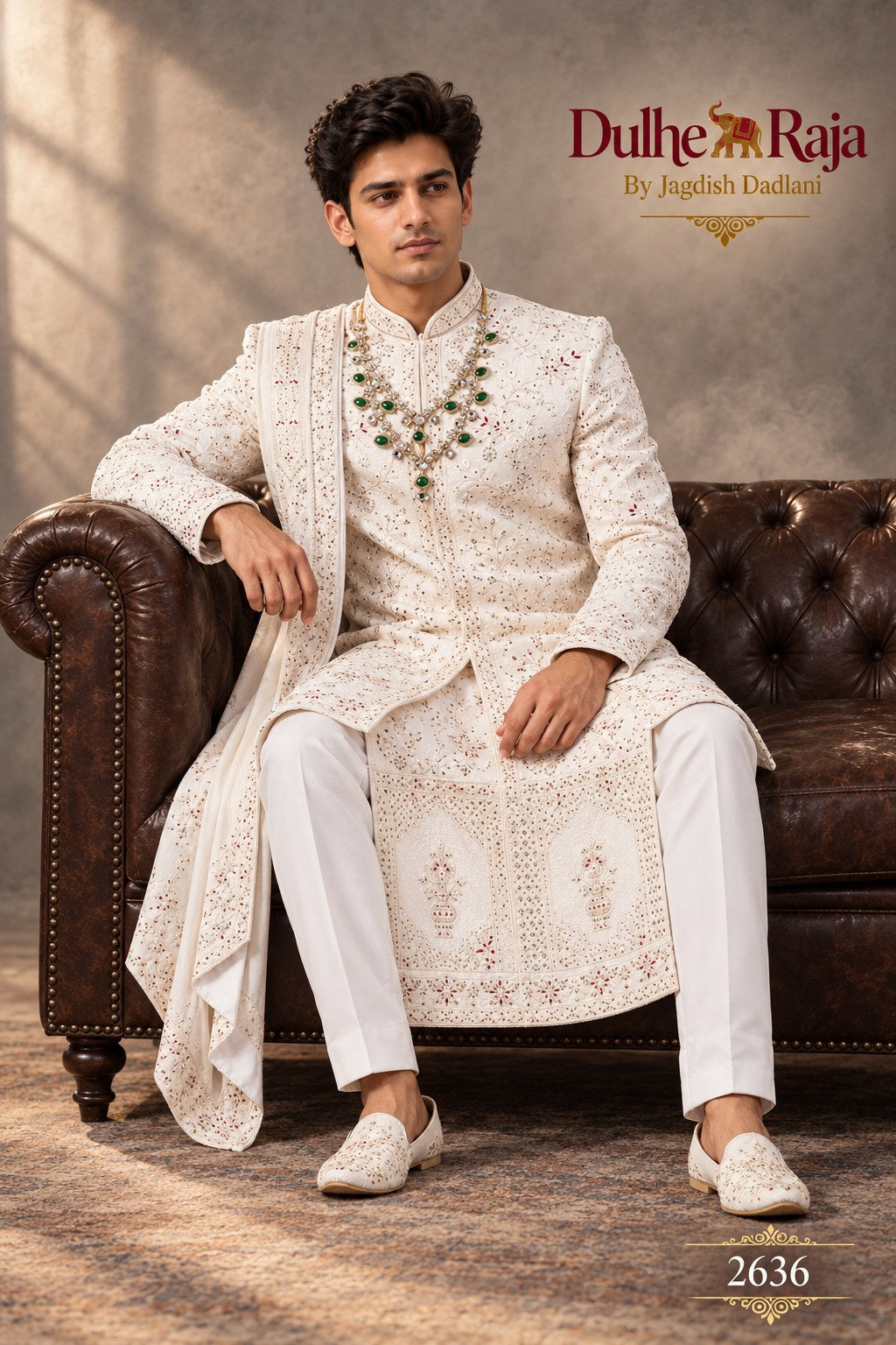 Ivory dupatta wedding sherwani detail - design 2636-S2