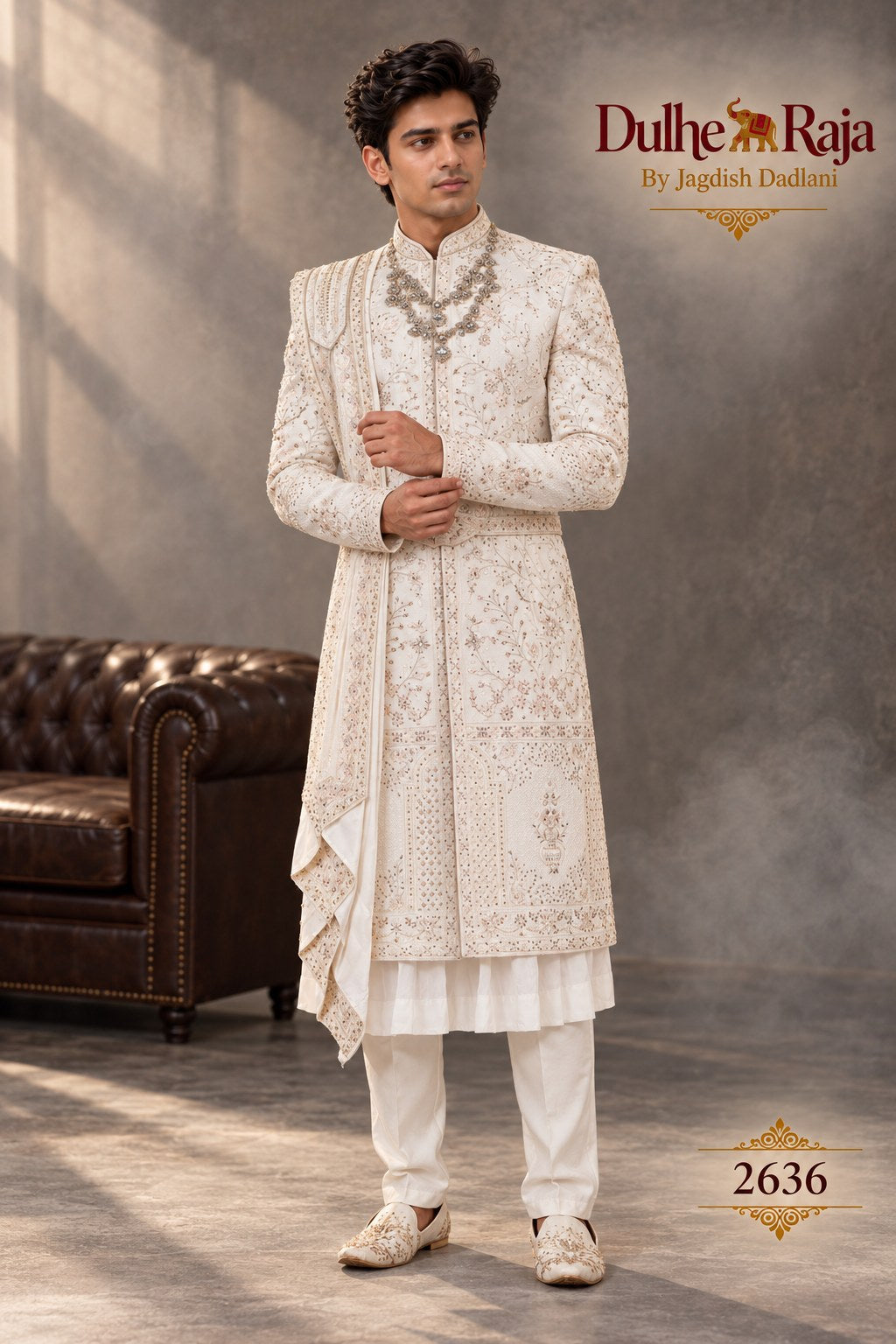 Ivory chikankari wedding sherwani side view - design 2636-S3