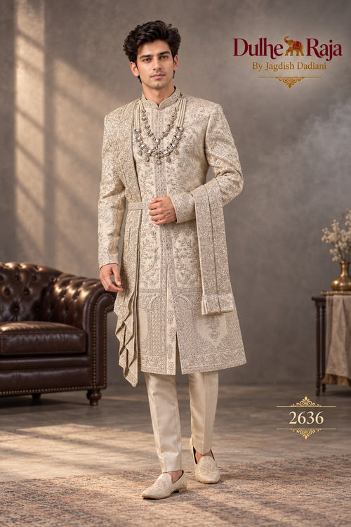 Beige draped wedding sherwani - Dulhe Raja Bhopal design 2636-ANMOL